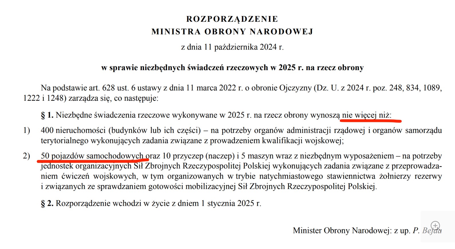 Według rozporządzenie na 2025 rok tylko 50 samochodów – wszystkich rodzajów – wojsko miało zająć na rzecz obrony