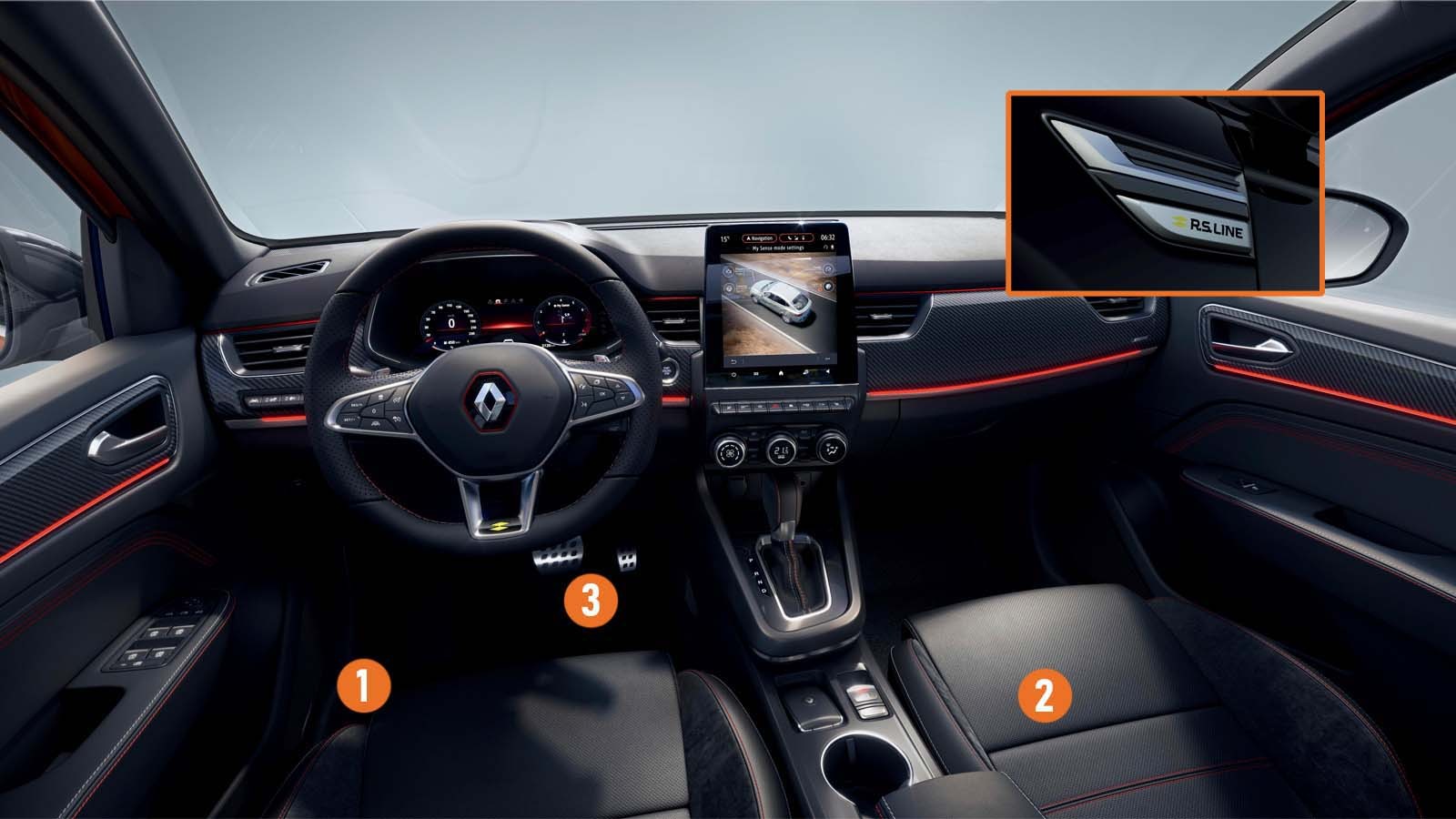 Zewnętrzne oznakowanie, specjalny wzór felg, przygotowany do tej wersji lakier – nabywcy R.S. Line mają czuć się szczególnie docenieni. Otrzymają również: fotele z elektryczną regulacją i podgrzewaniem (1), tapicerkę z alcantary (2) i aluminiowe nakładki na pedały (3).