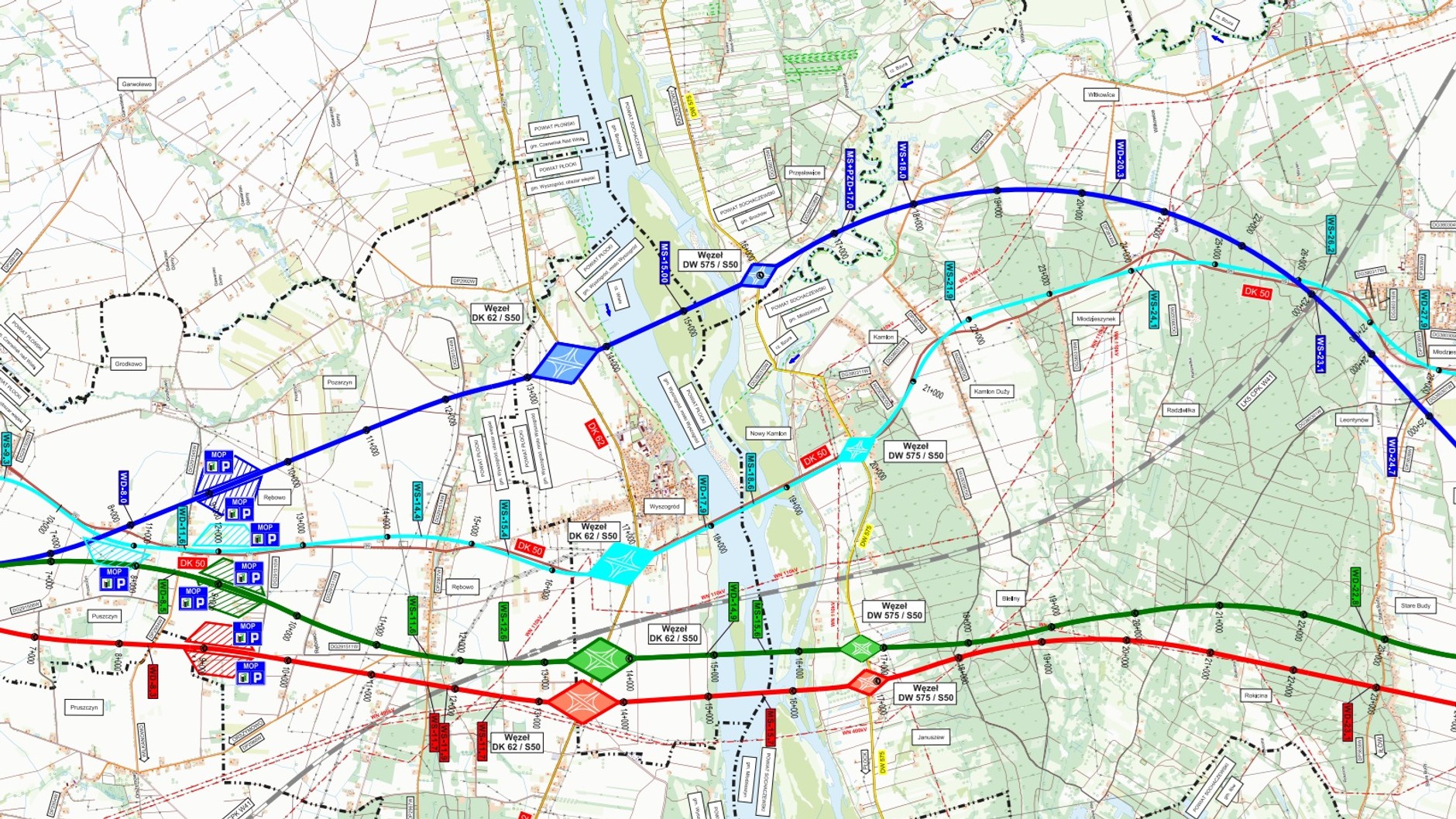 Cztery warianty przebiegu zachodniej części Obwodnicy Aglomeracji Warszawskiej (OAW)
