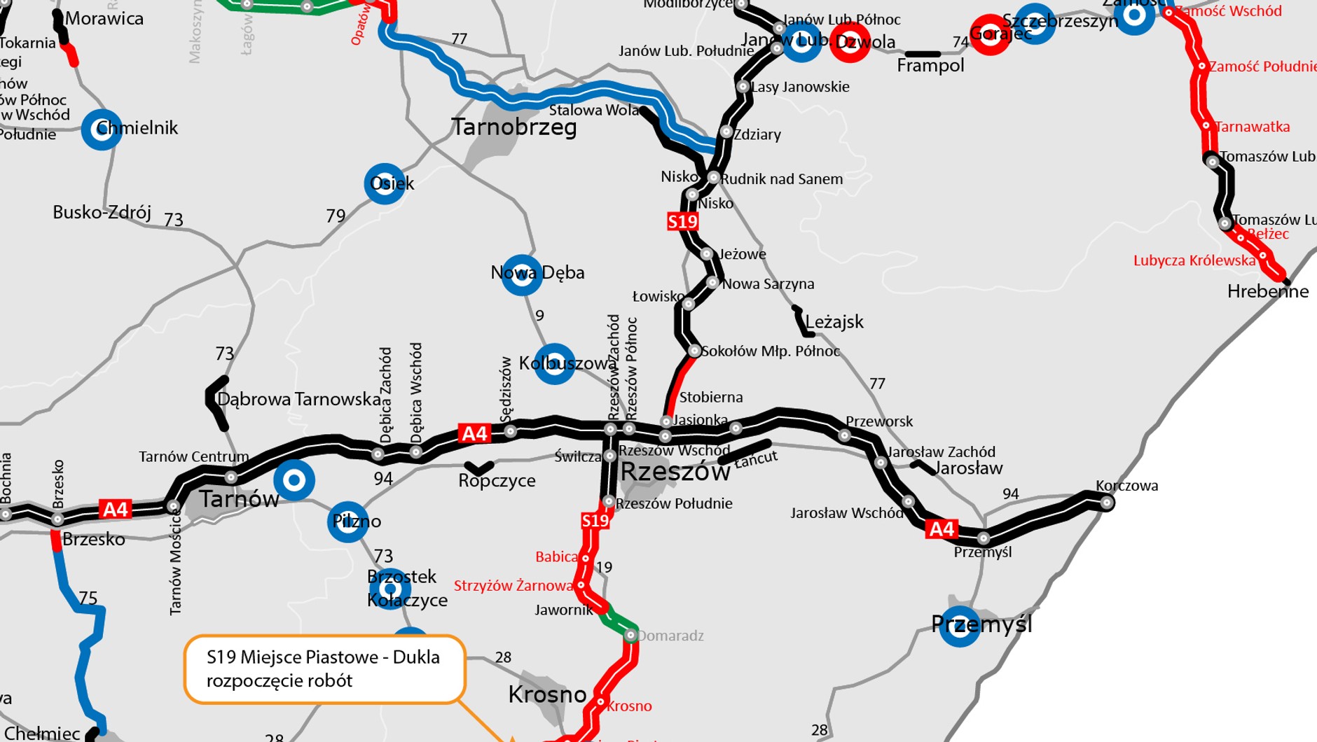 Mapa przebiegu drogi ekspresowej S19 Miejsce Piastowe — Dukla