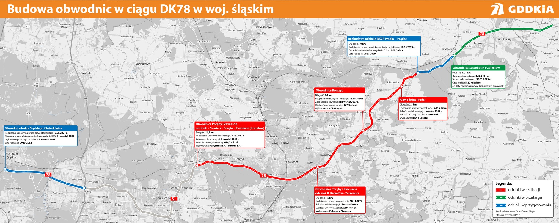 Mapa budowy obwodnic w ciągu DK78 w województwie śląskim