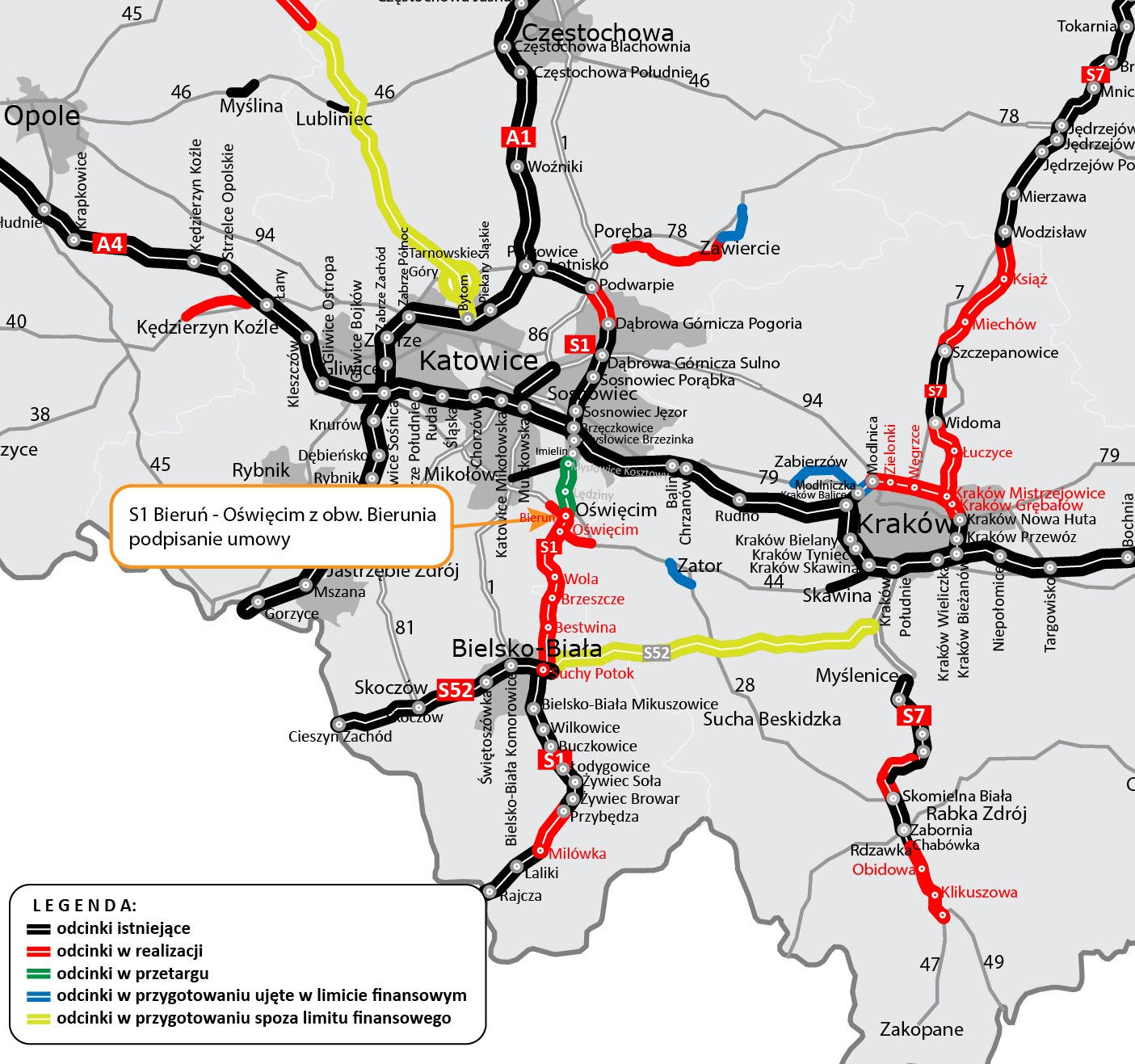 Mapa stanu budowy S1 Mysłowice — Bielsko-Biała