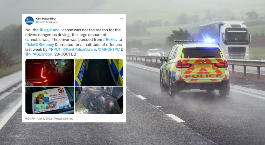 21-letni pirat drogowy po zatrzymaniu przez policję, pokazał im "prawo jazdy" z Legolandu (fot. Brian A Jackson/Shutterstock, twitter.com/KentPoliceRoads)