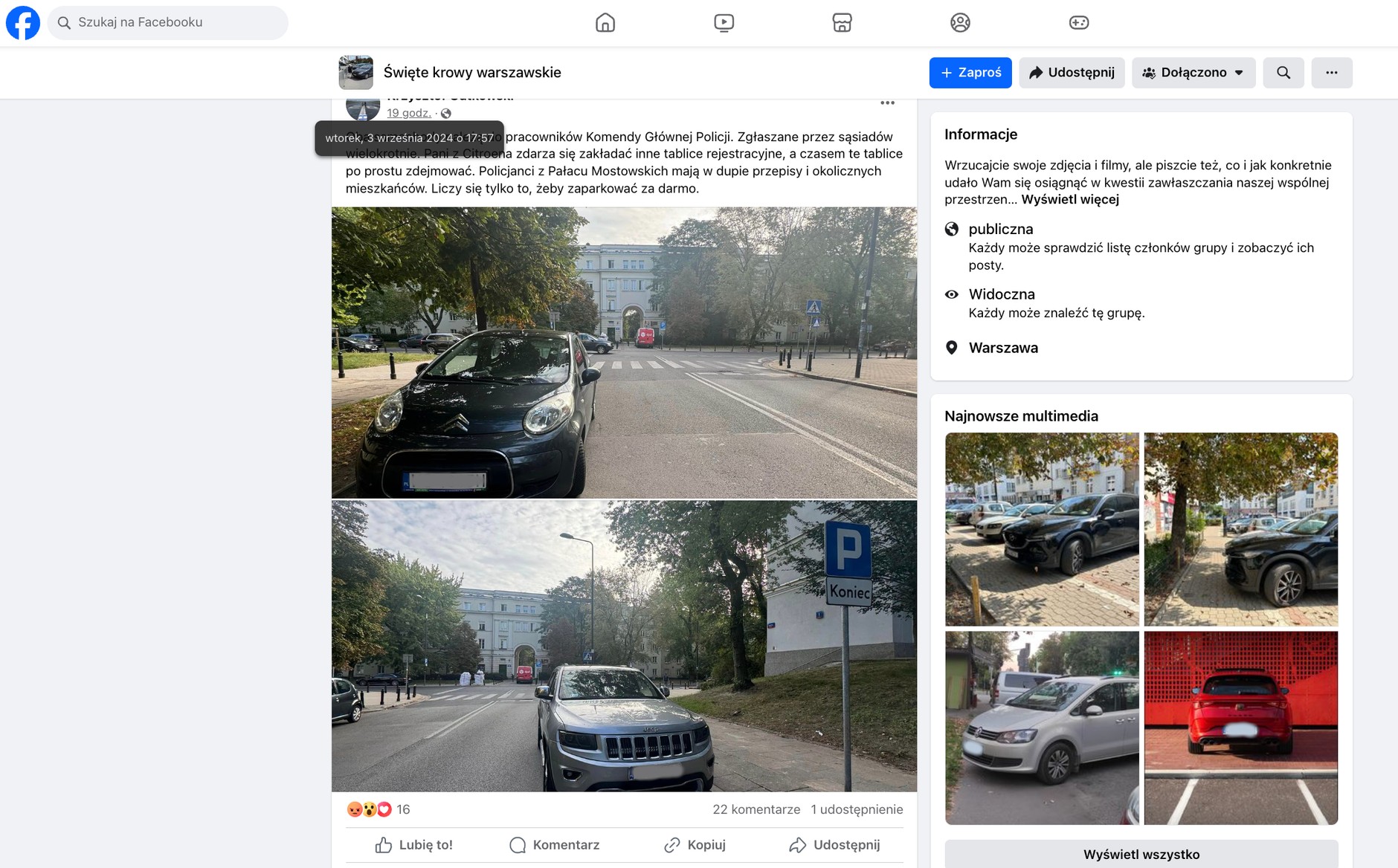 Aktywiści piętnują nieeleganckie parkowanie w mediach społecznościowych (zrzut ekranu ze strony Facebook.com)