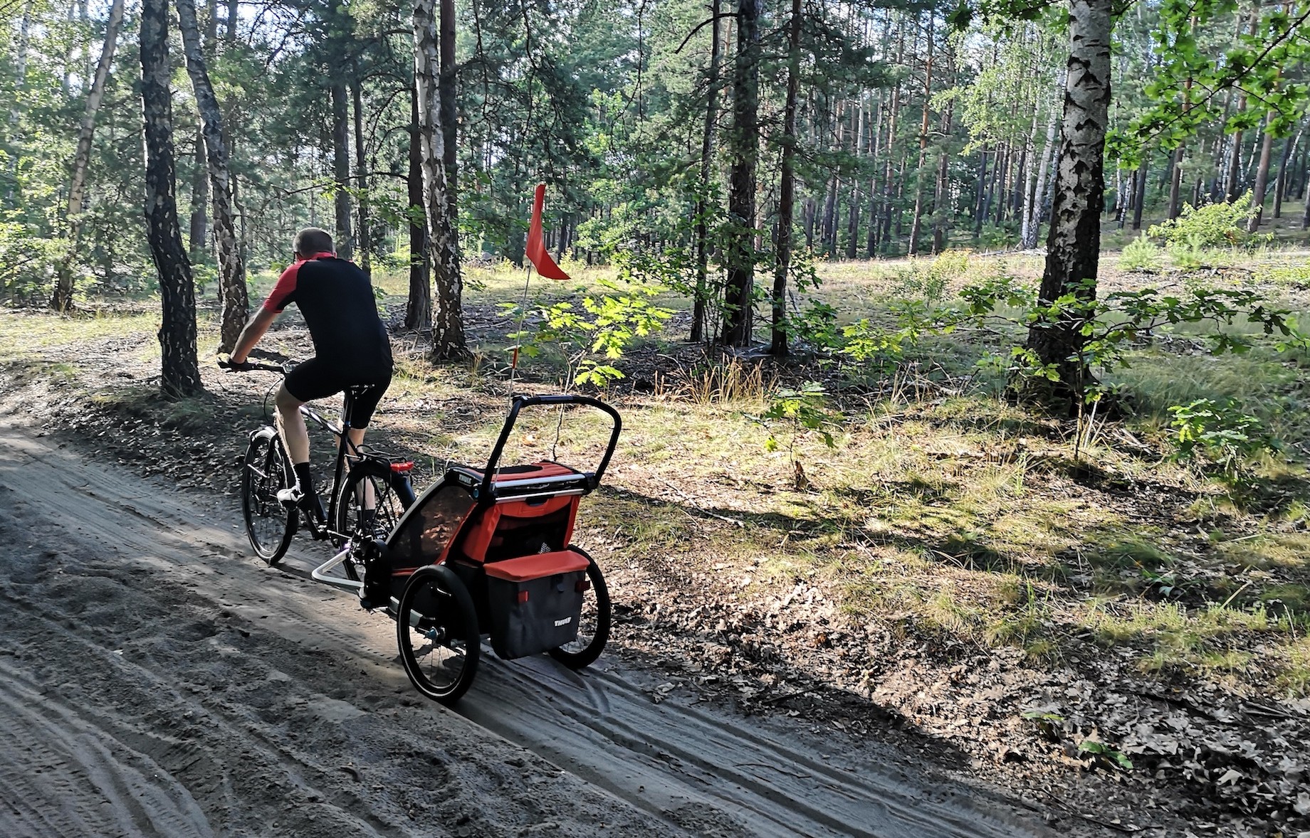 Najlepiej byłoby jeździć z dzieckiem tylko po takich trasach. W lesie powietrze jest świeże!