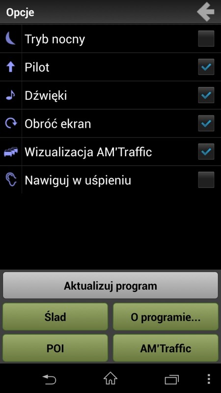 W menu opcji programu w wersji Android znajduje się ikona "aktualizuj program".