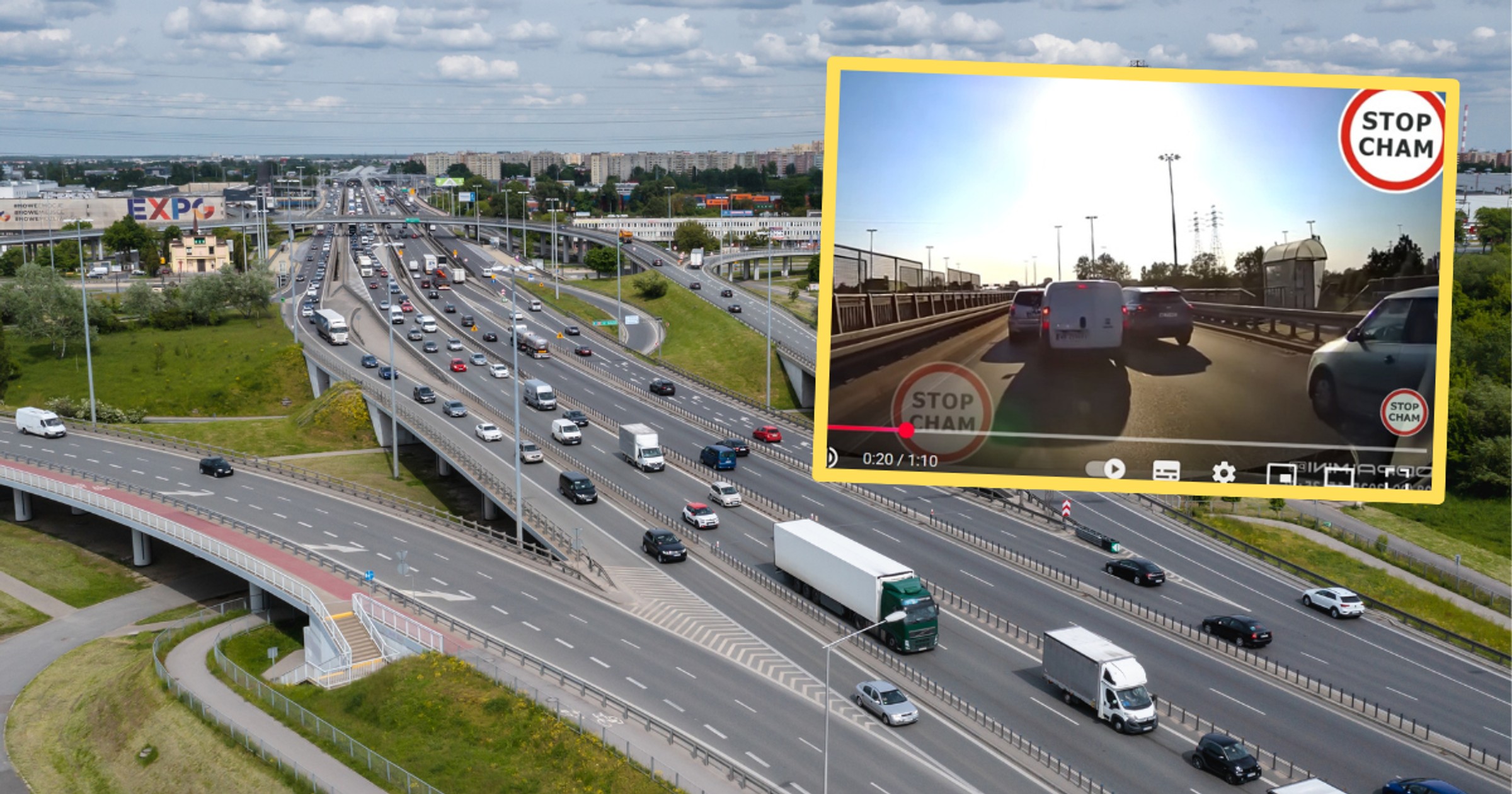 Dwaj kierowcy "walczyli" ze sobą na jednym z węzłów S8 w Warszawie (fot. YouTube/Stop Cham)