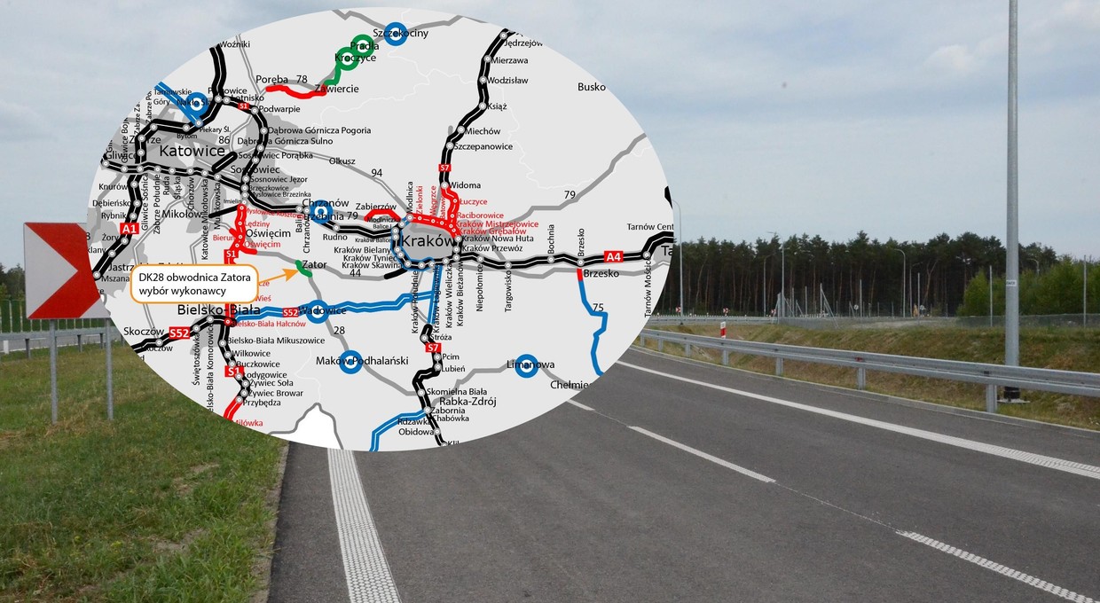 Ważna obwodnica między Krakowem a Katowicami z datą budowy. Zastosowano "dialog"