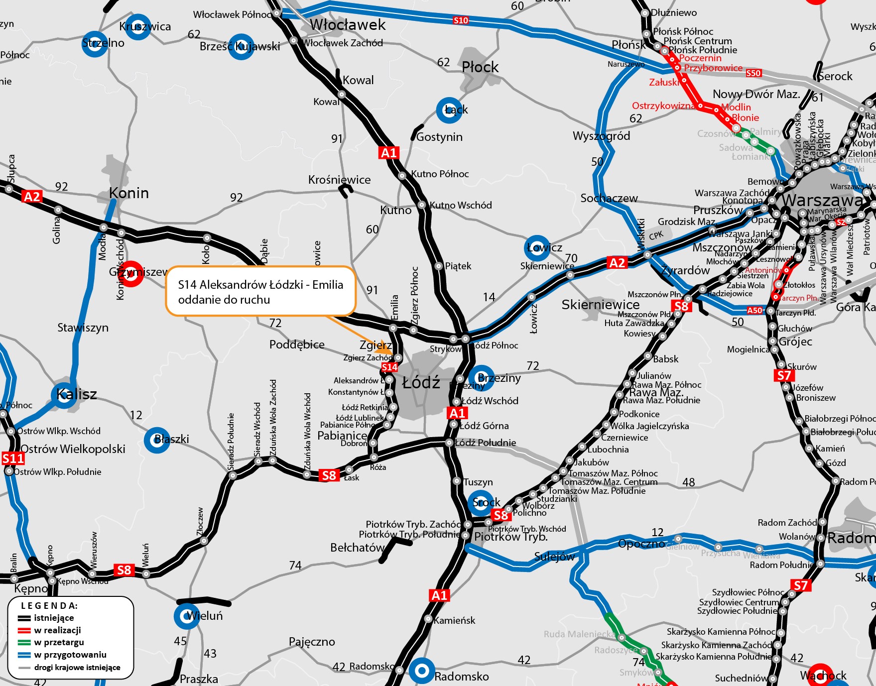 Mapa S14 Aleksandrów Łódzki — Emilia.