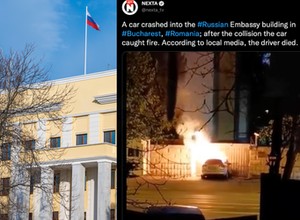 Samochód wjechał w bramę ambasady Rosji. Prowadzący go kierowca zginął [Wideo]