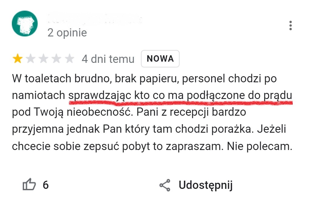 Negatywna opinia wystawiona przez rodzinę z Tesli (cytat)