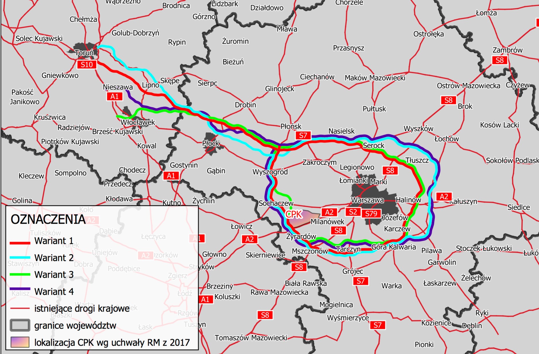 Warianty przebiegu Obwodnicy Aglomeracji Warszawskiej