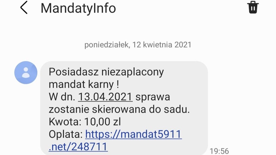 Fałszywy SMS o niezapłaconym mandacie