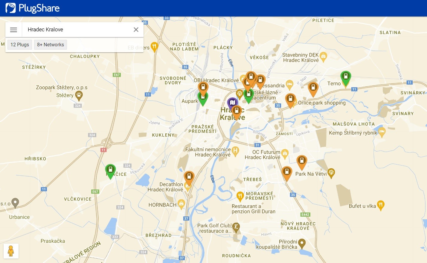 Mapa ładowarek w Hradecu Kralowe w Czechach (zrzut ekranu)