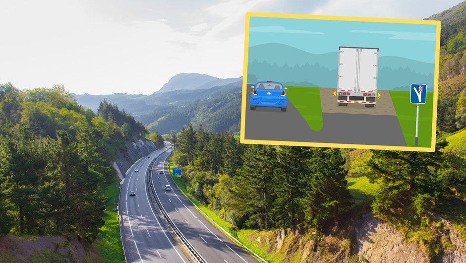 Ten znak oznacza pas awaryjnego zatrzymania na drodze ekspresowej lub autostradzie