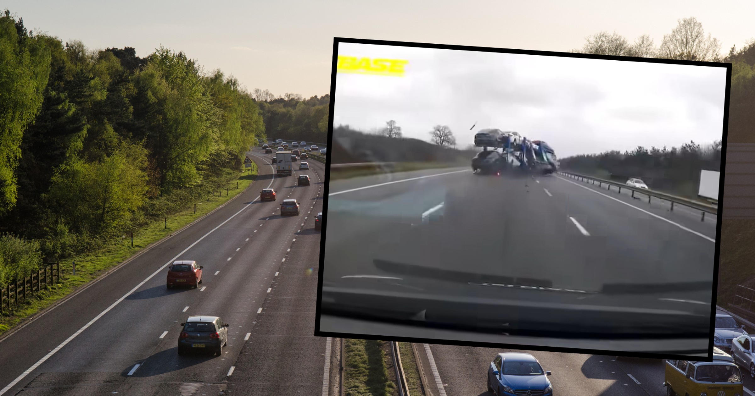 Ciężarówka przewożąca Tesle wywróciła się na autostradzie M3 w Wielkiej Brytanii (screen: scott.mills.566/Facebook)