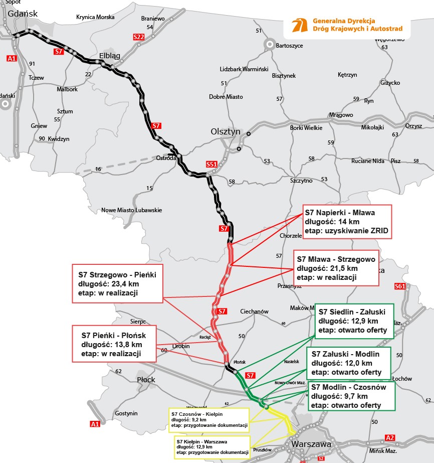 Mapa budowanej drogi S7 na Mazowszu