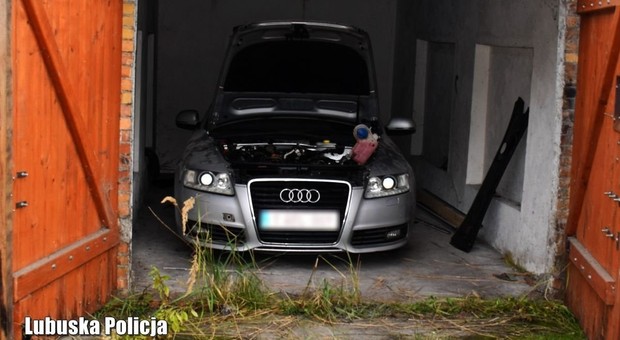 W garażu znaleźli Audi A6 z Niemiec. Auto nie miało już wielu elementów