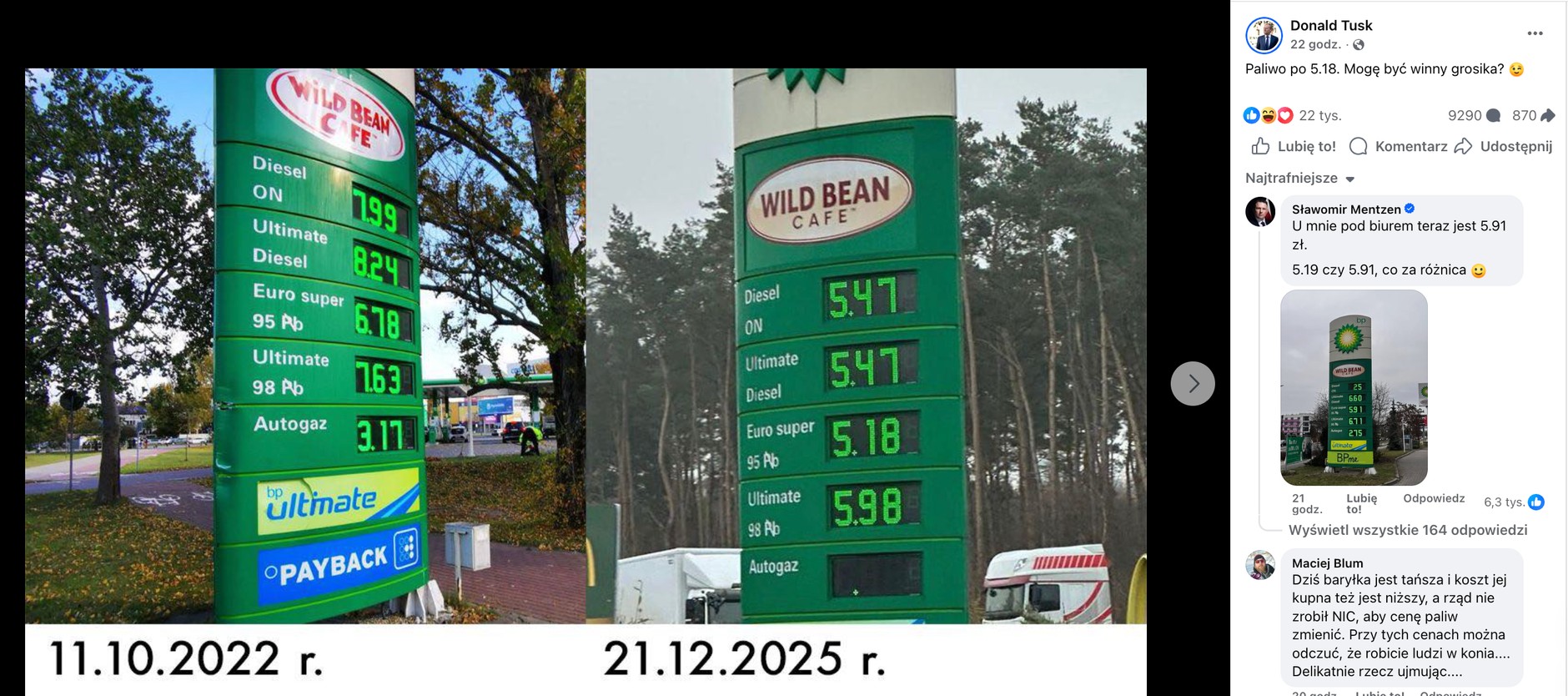 Paliwo za niespełna 8 zł za czasów rządu premiera Morawieckiego i po 5,18 zł&nbsp;za litr po dwóch latach rządów Donalda Tuska.