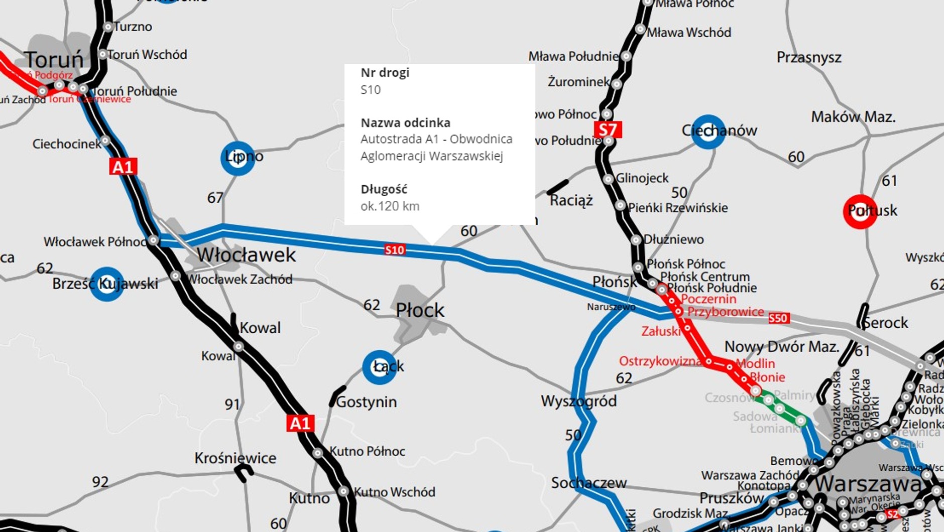 Mapa S10 Autostrada A1 - Obwodnica Aglomeracji Warszawskiej