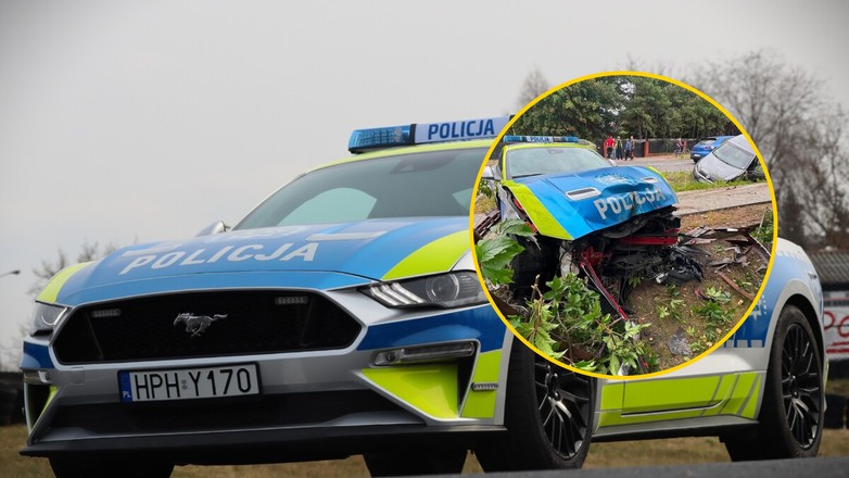 Policyjny Ford Mustang rozbity