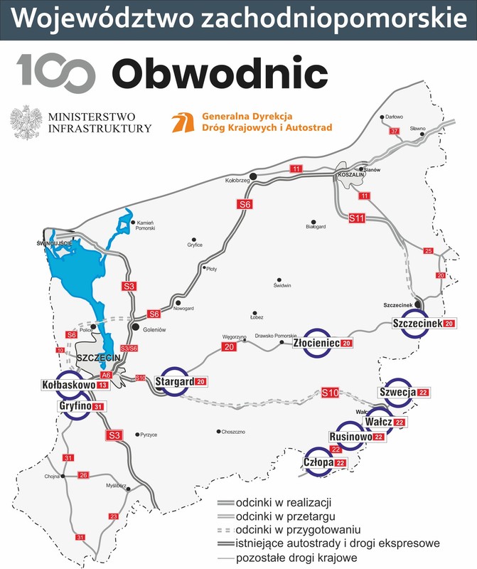 Mapa zadań z Programu 100 obwodnic w woj. zachodniopomorskim