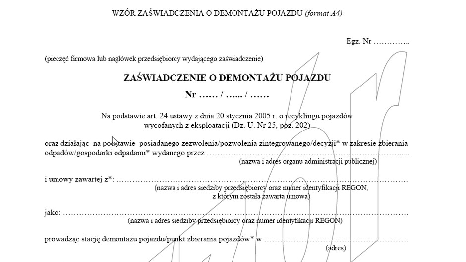 Wzór zaświadczenia o demontażu pojazdu
