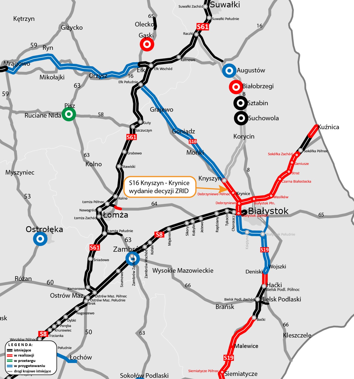 Mapa odcinków dróg z oznaczonym odcinkiem S16 Knyszyn - Krynice
