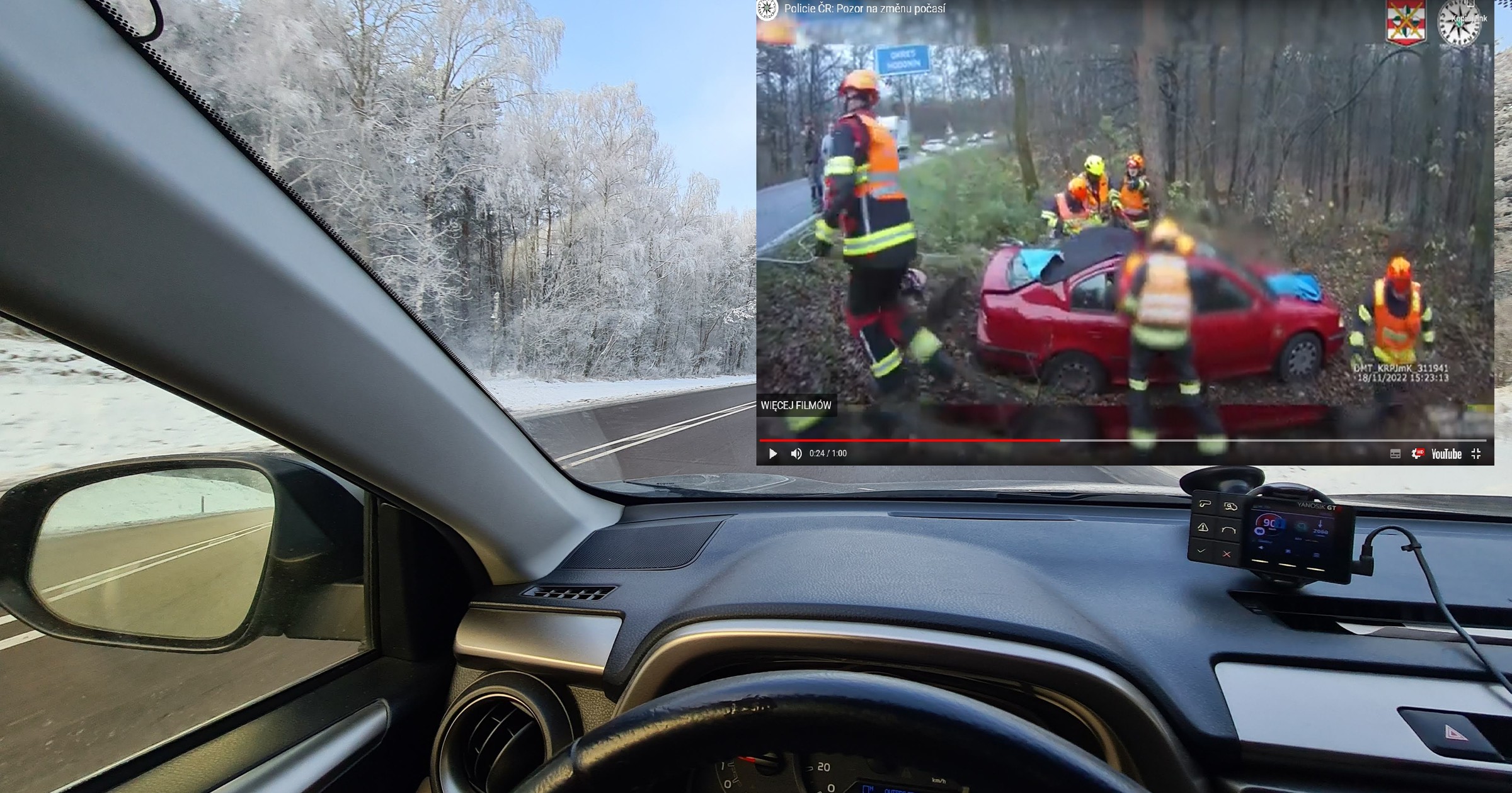 Wypadek na drodze Uwaga na zmarzniętą nawierzchnię i pierwszy lód Fot. Tomasz Okurowski/YouTube/Policie CR