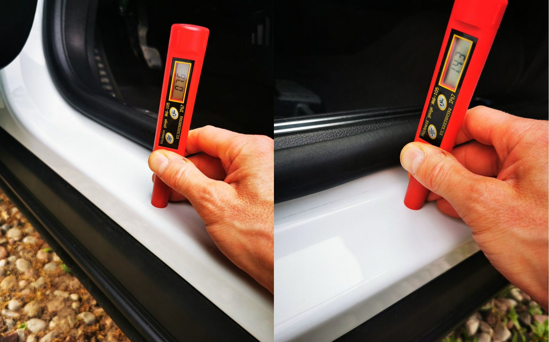 Jeśli masz wątpliwości, czy to prawidłowa grubość lakieru, zobacz, jak jest po drugiej stronie... W tym przypadku lewy próg auta był pomalowany cienko (fabryka), a prawy dwa razy grubiej (warsztat)