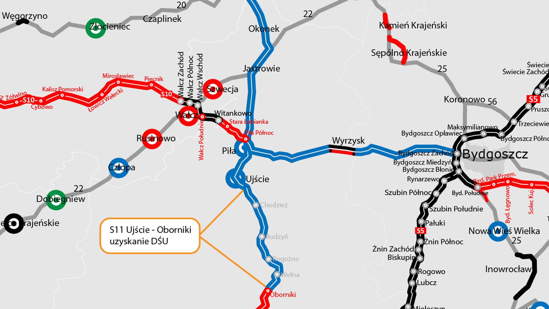 Infografika z zaznaczonym odcinkiem S11 Ujście - Oborniki