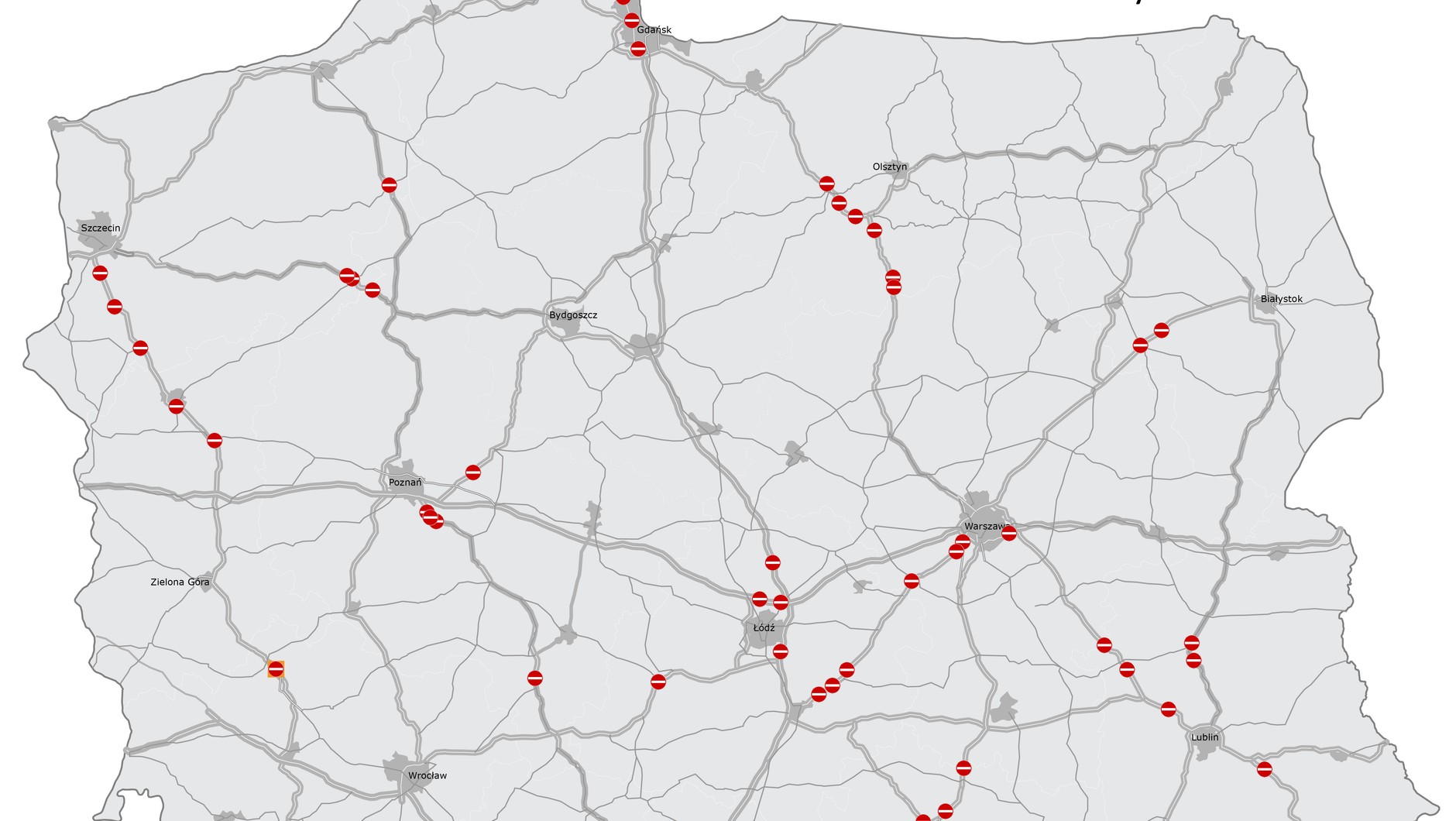 Mapa tablic STOP Zły kierunek