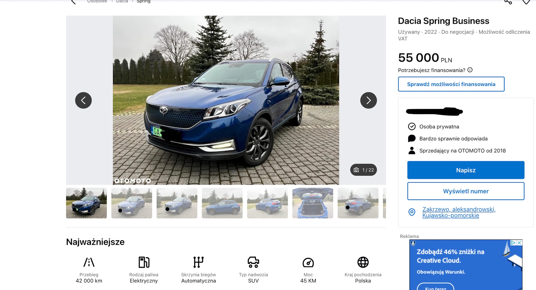 Seres 3 – auto z silnikiem o niewielkiej mocy, ale baterią (podobno) o poj. aż 53 kWh. Za zarejestrowany w Polsce samochód z przebiegiem 42 tys. km wystawiany na Otomoto pod różnymi markami trzeba zapłacić ok. 50 tys. zł