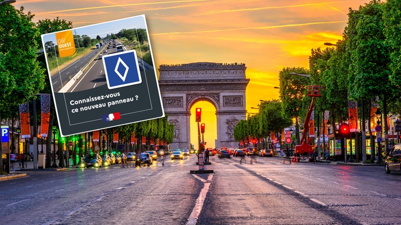 Znak z białym diamentem na niebieskim tle