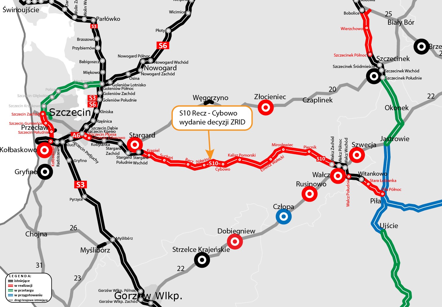 Budowa drogi S10 od Recza do Cybowa na mapie