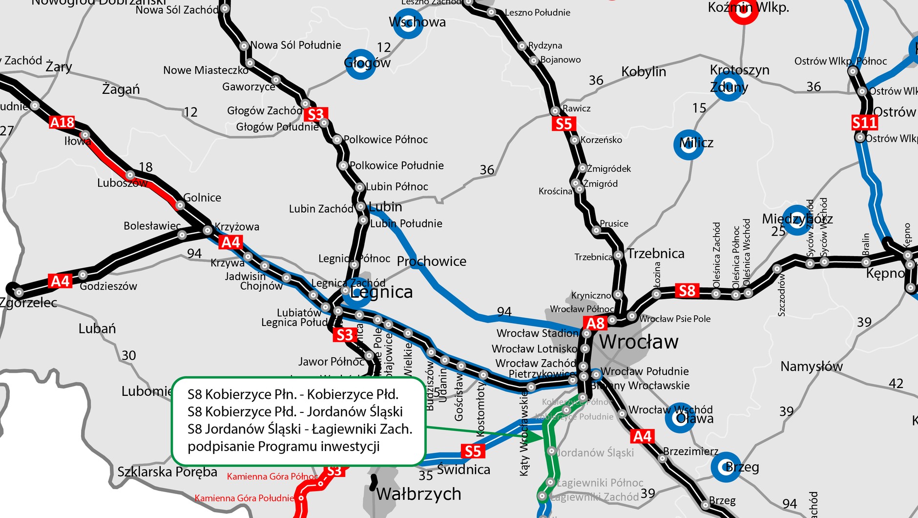 Mapa planowanej S8 Wrocław — Kłodzko — Boboszów, z zaznaczeniem odcinków Kobierzyce — Łagiewniki