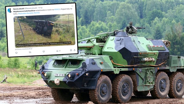 Potężna armatohaubica przewróciła się do rowu. Zablokowała drogę krajową