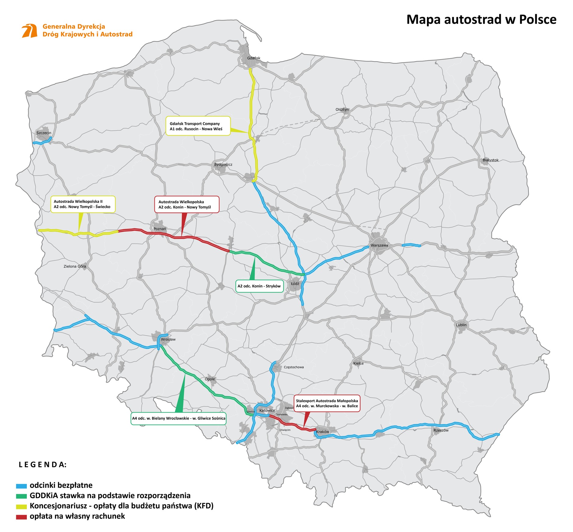 Autostrady z podziałem na odcinki płatne i bezpłatne