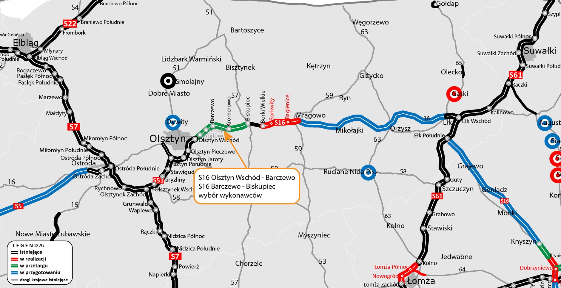 Droga S16 na wschód od Olsztyna