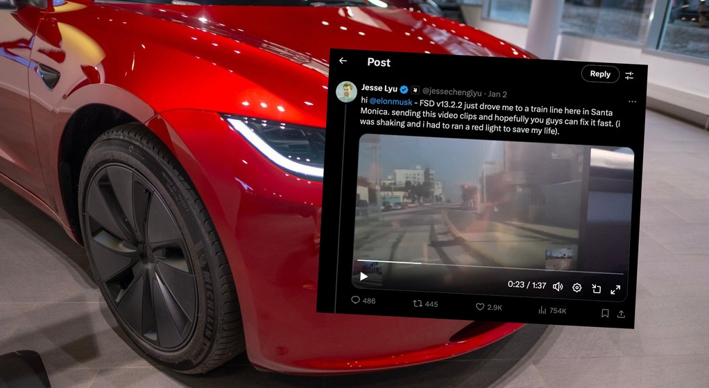 Tesla zamiast na jezdnię, wjechała na tory