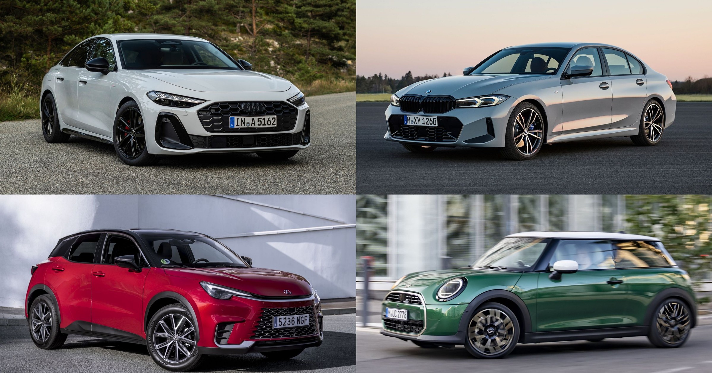 Audi A5, BMW serii 3, MINI Cooper i Lexus LBX (od lewej zgodnie z ruchem wskazówek zegara)