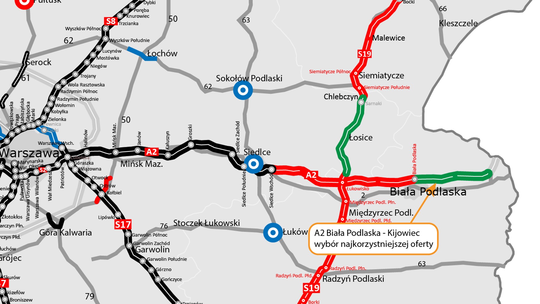 Autostrada A2 - mapa. Odcinek Biała Podlaska - Kijowiec