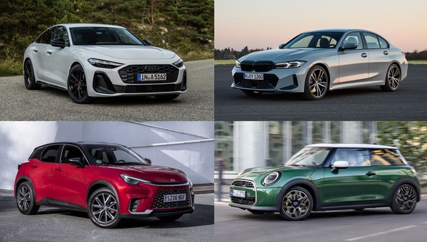 Audi A5, BMW serii 3, MINI Cooper i Lexus LBX (od lewej zgodnie z ruchem wskazówek zegara)