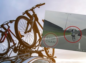 Chwile grozy na drodze ekspresowej. Rower spadł przed pędzące auto [Nagranie]