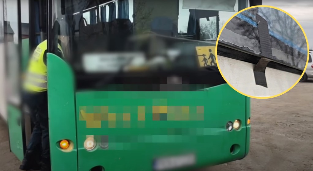 ITD skontrolowała autobus szkolny, w którym szyby były przyklejone taśmą klejącą (screen: Inspekcja Transportu Drogowego/YouTube)