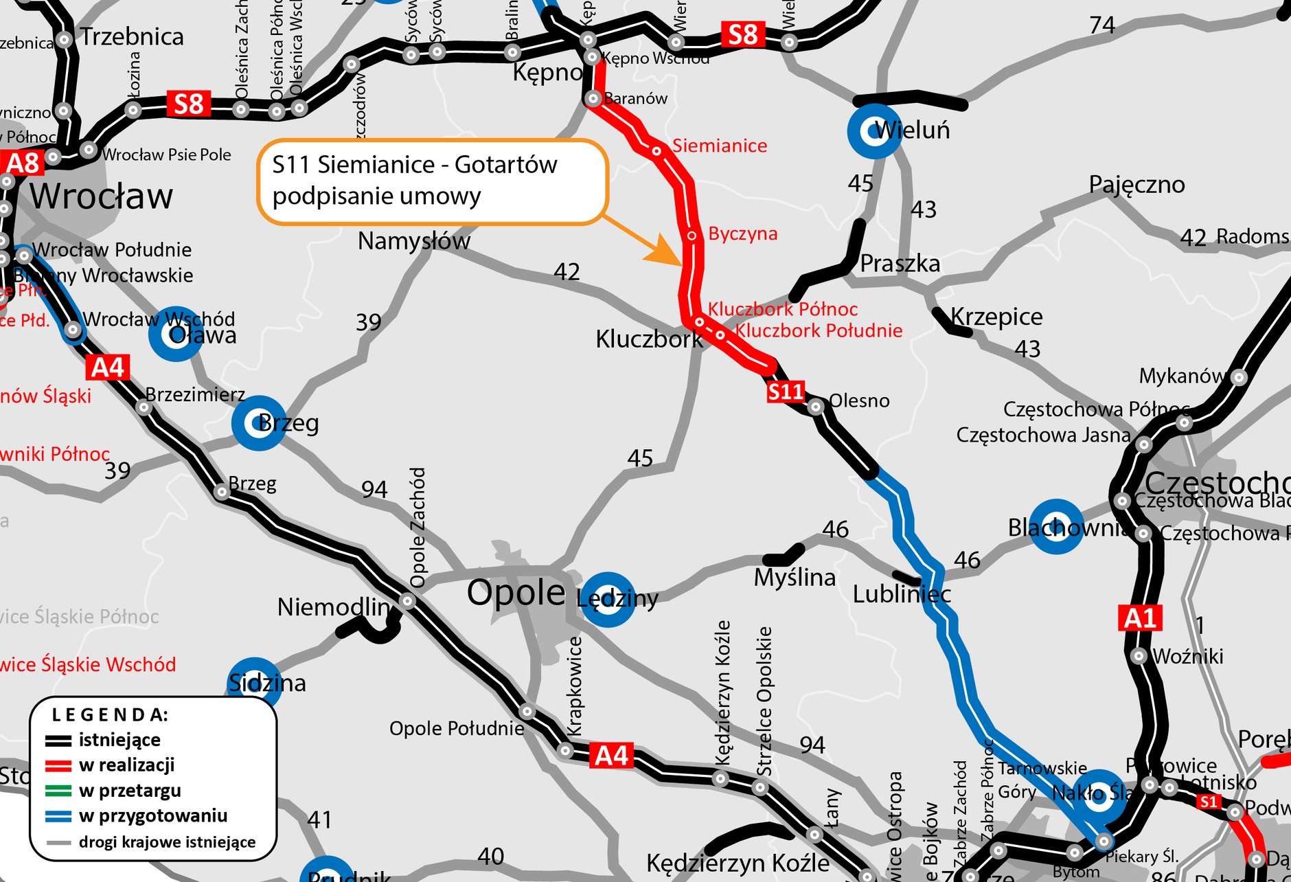 Mapa — odcinek drogi S11 Siemianice — Gotartów