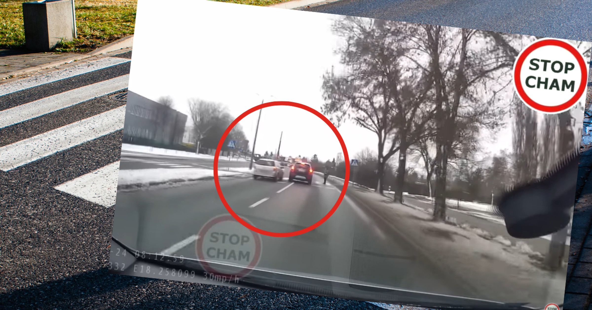 Kierowca niemal nie potrącił przechodnia, gdy postanowił wyprzedzać inny samochód na przejściu dla pieszych (youtube.com/STOPCHAM)