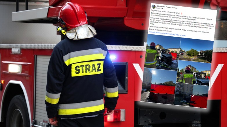 Pożar kampera osierocił dwójkę dzieci (Screen: Facebook/RatownictwoElk)