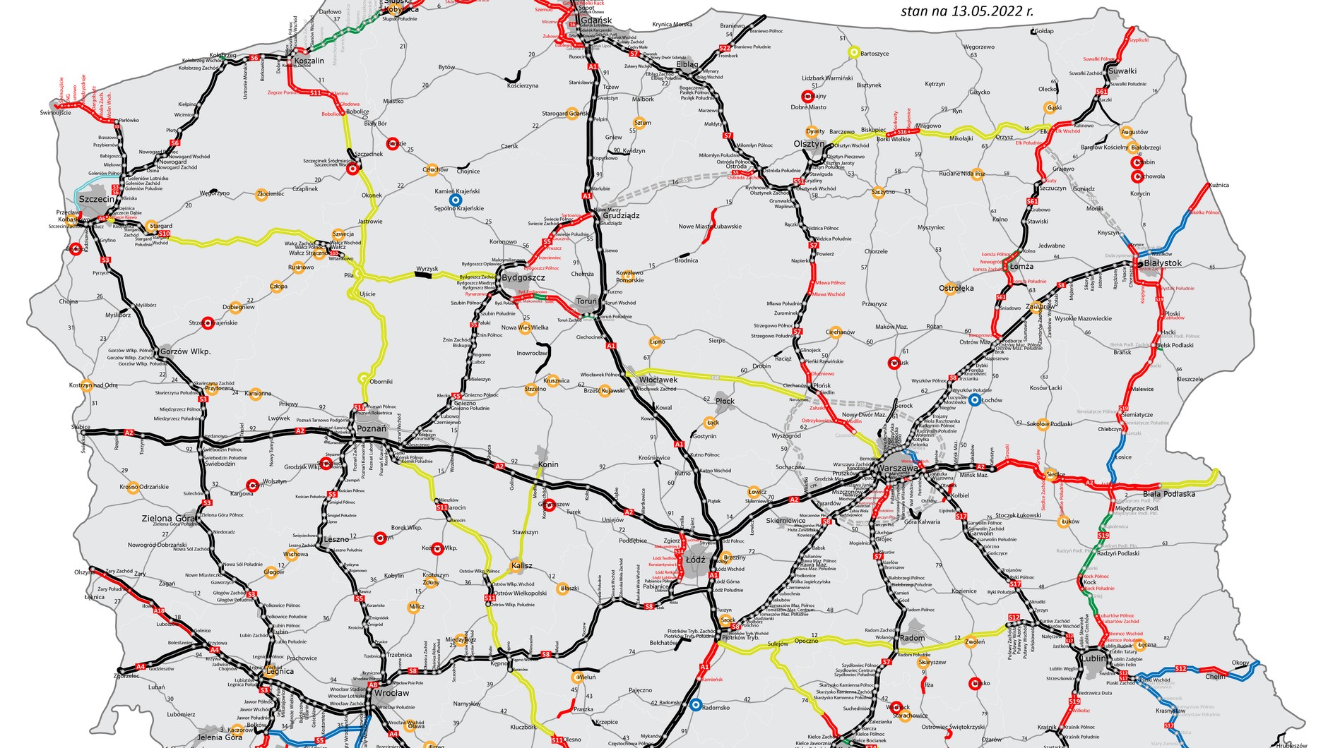 Mapa — realizacja Programu Budowy Dróg Krajowych i Programu Budowy 100 Obwodnic
