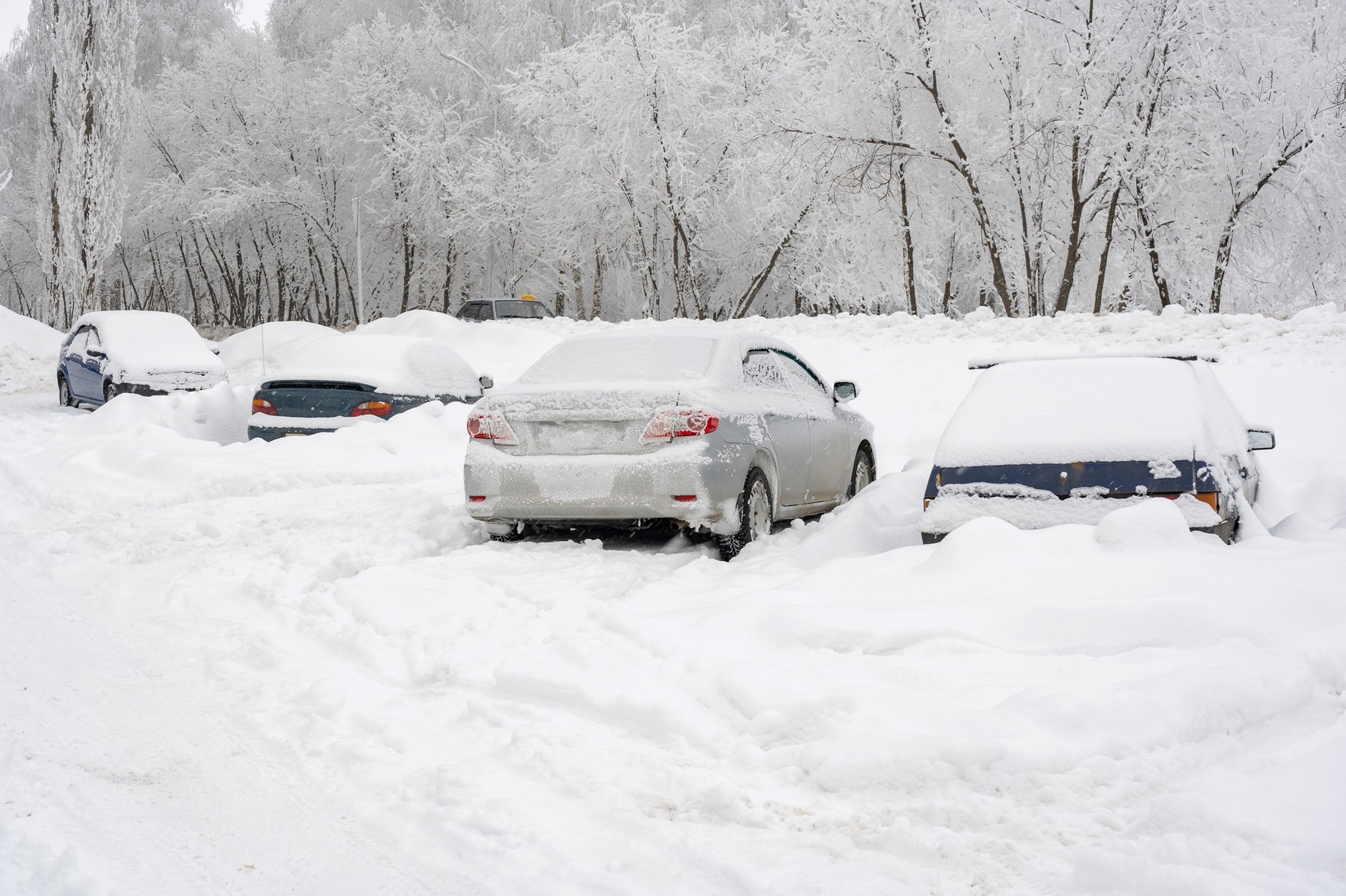 Zasypane śniegiem samochody na nieodśnieżonym parkingu